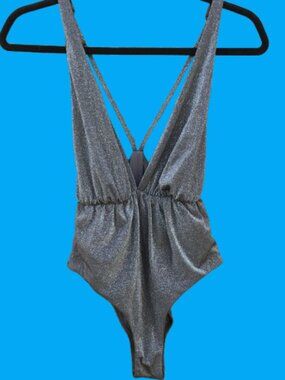 Vitamin A Stella Swimsuit Size 8/M Metallic Graphite Grey Deep Plunge Cheeky USA